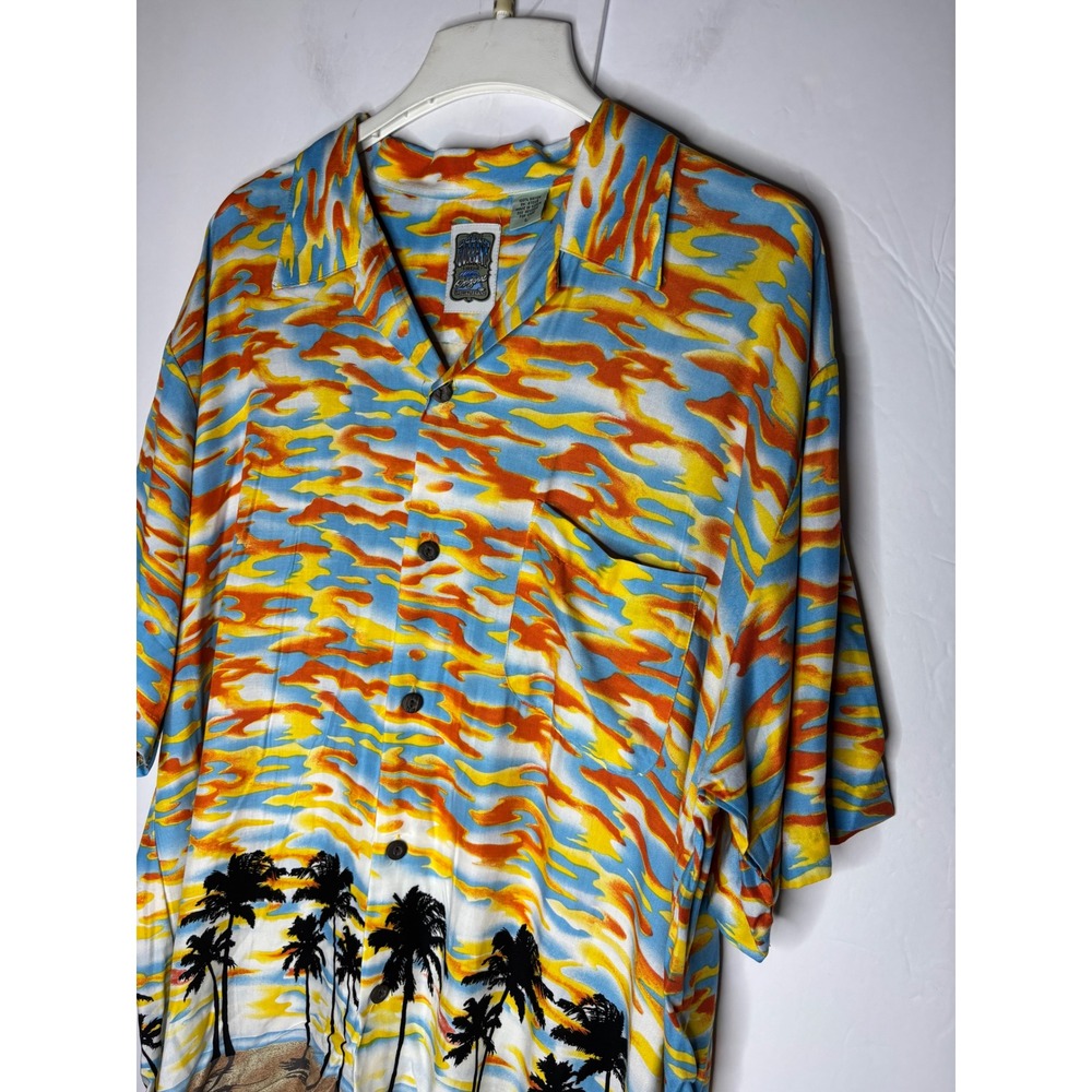 Ocean Current Vintage Mens Large Rayon Hawaiian Shirt Tropical Palm Tree Sunset‎